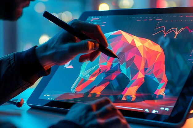 Meticulously Crafting a Geometric Animal with a Graphic Tablet and Stylus in a Minimalist Digital