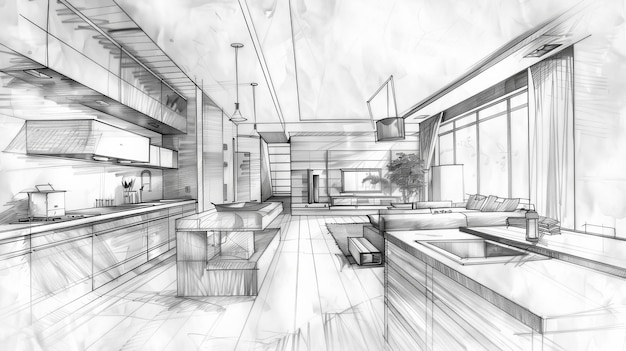 A meticulously detailed drawing showcasing the seamless blend of a kitchen and living room harmoniou