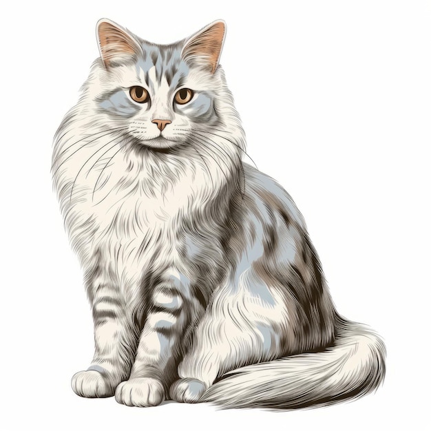 Photo meticulously detailed illustration of white and gray longhaired cat