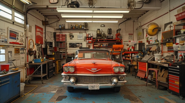 Photo a meticulously maintained classic car stands out in a retro garage filled with automotive memorabilia and tools