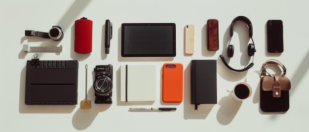 Photo a meticulously organized arrangement of everyday items including gadgets notebooks and personal accessories all illuminated by diffused sunlight depicting a polished and tidy lifestyle