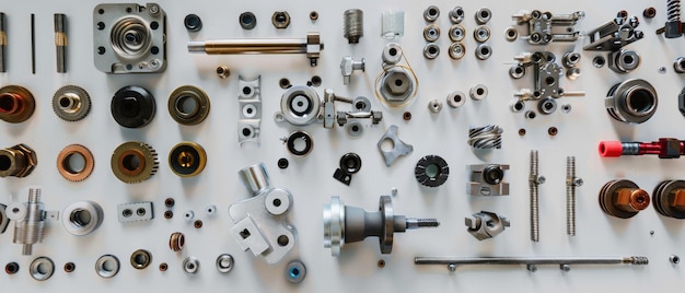 Photo a meticulously organized array of mechanical parts laid out on a white surface displaying various shapes and sizes