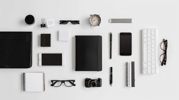 Photo a meticulously organized flat lay of modern office essentials on a white background embodies minimalism and efficiency in professional workspaces