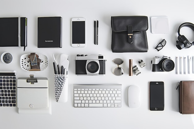 Photo a meticulously organized flat lay of various gadgets and accessories on a white background showcasing modern lifestyle essentials