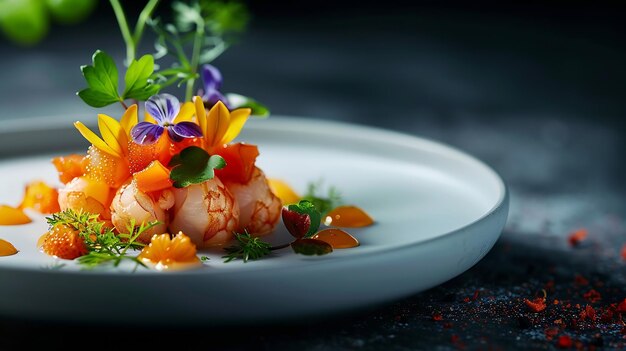 A meticulously prepared gourmet dish features seafoodjulienne carrotsand colorful ed Generative AI