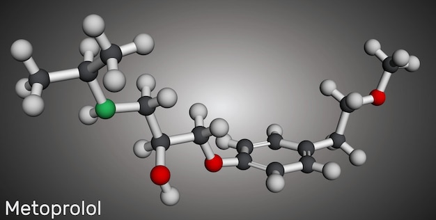 Metoprolol drug molecule Molecular model 3D rendering