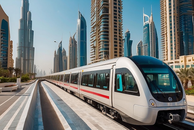 Photo metro railway among among glass skyscrapers in dubai traffic on street in dubai museum of the future in dubai cityscape skyline urban background