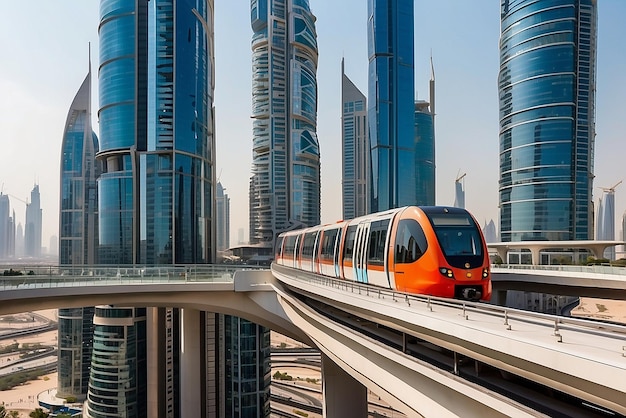 Photo metro railway among among glass skyscrapers in dubai traffic on street in dubai museum of the future in dubai cityscape skyline urban background