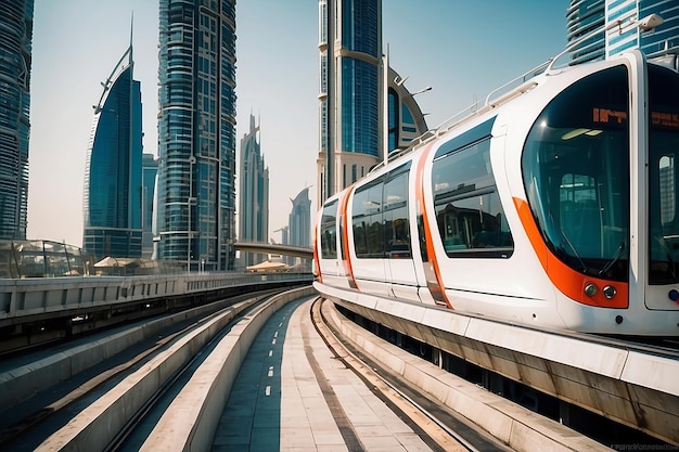 Photo metro railway among among glass skyscrapers in dubai traffic on street in dubai museum of the future in dubai