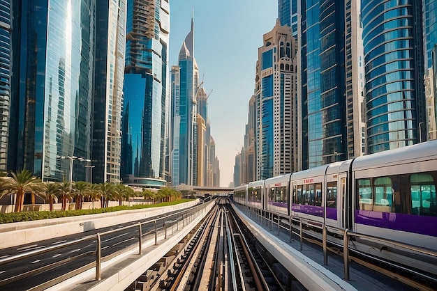 Metro railway among among glass skyscrapers in Dubai Traffic on street in Dubai Museum of the Future in Dubai Cityscape skyline Urban background