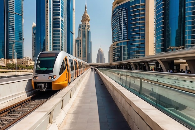 Metro railway among among glass skyscrapers in Dubai Traffic on street in Dubai Museum of the Future in Dubai