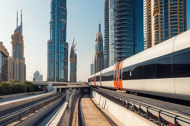 Metro railway among among glass skyscrapers in Dubai Traffic on street in Dubai Museum of the Future in Dubai