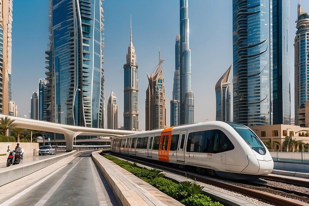 Metro railway among among glass skyscrapers in Dubai Traffic on street in Dubai Museum of the Future in Dubai