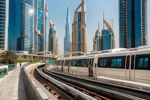 Metro railway among among glass skyscrapers in Dubai Traffic on street in Dubai Museum of the Future in Dubai