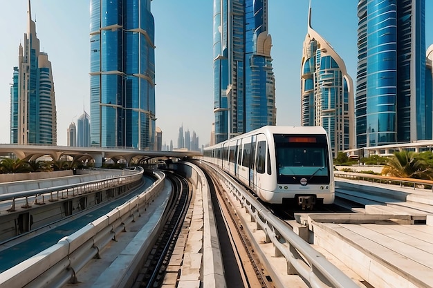 Metro railway among among glass skyscrapers in Dubai Traffic on street in Dubai Museum of the Future in Dubai