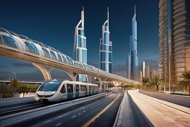 Metro railway among among glass skyscrapers in Dubai Traffic on street in Dubai Museum of the Future in Dubai