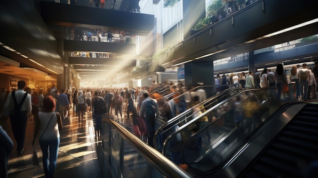 metro station during rush hour with streams of commuters navigating platforms and escalators the air filled with a sense of urgency and movement