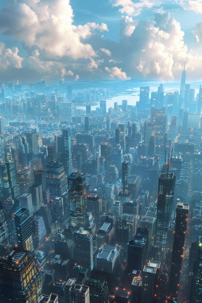 A Metropolis with Towering Skyscrapers and a Misty Skyline