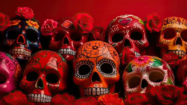 Mexica sugar skulls with colorful flowers and copy space for Cinco De Mayo and Da De Muertos