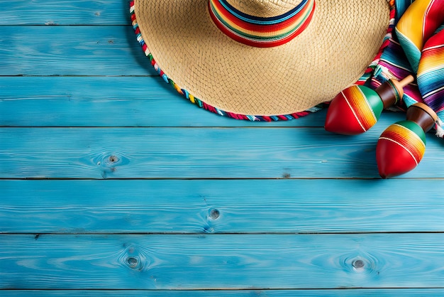 Mexican background serape striped blanket with sombrero maracas on blue wood Mexico cinco de mayo