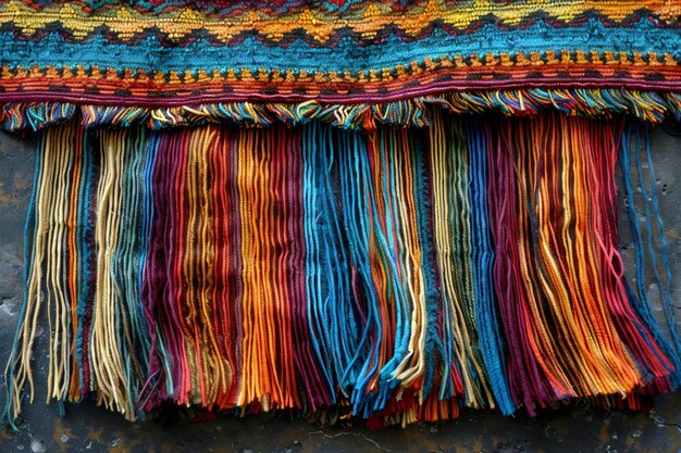 Mexican blanket featuring colorful stripes and a large fringed border