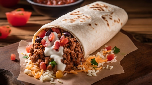 Mexican burrito with beef beans and sour cream