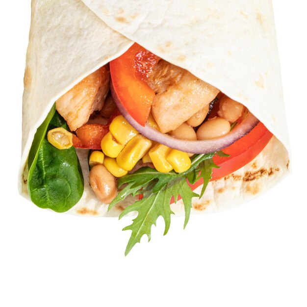 Mexican burrito with chicken, pepper and beans  isolated on white background.