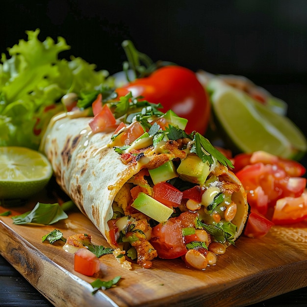 Mexican Burrito with Savory Filling and Fresh Vegetables on Wooden Board