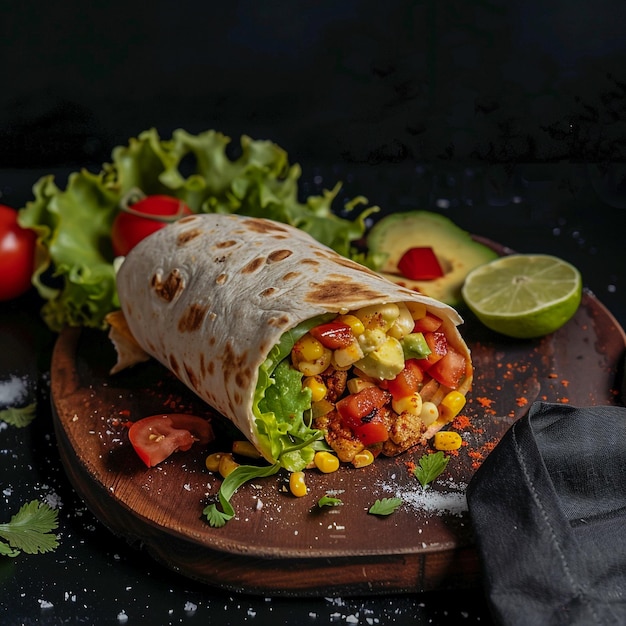 Mexican Burrito with Savory Filling and Fresh Vegetables on Wooden Board