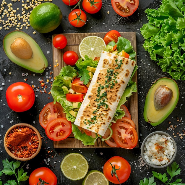 Mexican Burrito with Savory Filling and Fresh Vegetables on Wooden Board