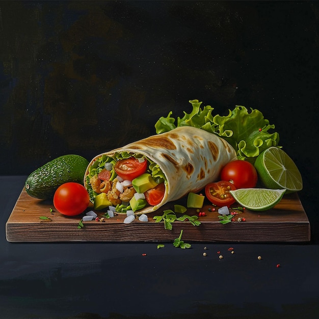 Mexican Burrito with Savory Filling and Fresh Vegetables on Wooden Board