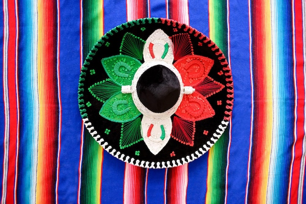 Mexican charro hat on serape. Typical mexican hat with the colors of the mexican flag.