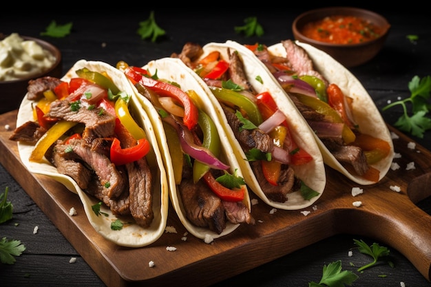 Mexican chicken and beef fajitas tacos