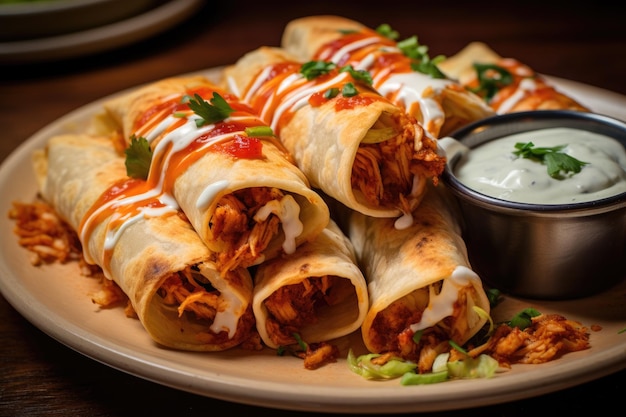 Mexican chicken and cheese taquitos topped with spicy sauces and creme fraiche