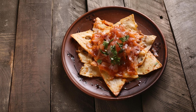 Mexican chilaquiles with salsa over wooden table Tasty meal Delicious food for dinner