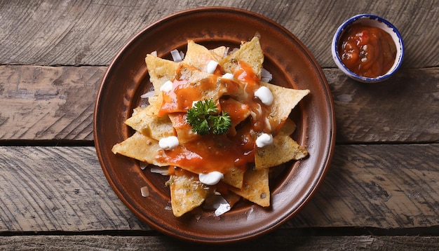 Mexican chilaquiles with salsa over wooden table Tasty meal Delicious food for dinner