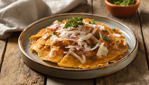 Mexican chilaquiles with salsa over wooden table Tasty meal Delicious food for dinner