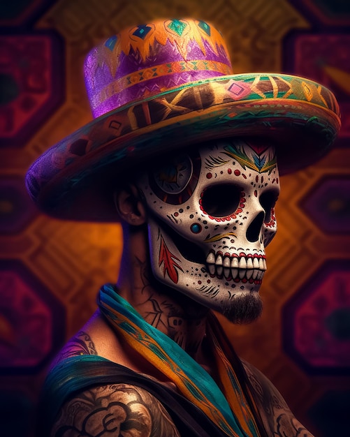 A Mexican colorful tattoo skull wearing a traditional hat and flowers on it