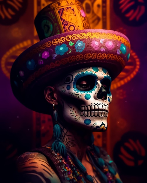 A Mexican colorful tattoo skull wearing a traditional hat and flowers on it