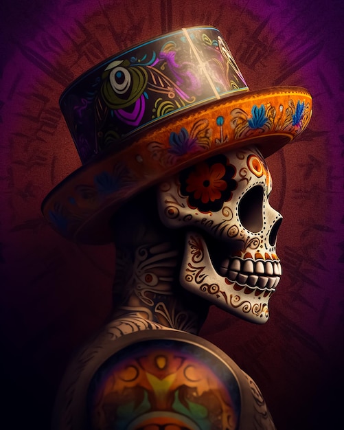 A Mexican colorful tattoo skull wearing a traditional hat and flowers on it