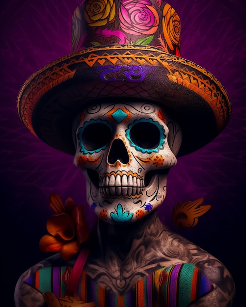 A Mexican colorful tattoo skull wearing a traditional hat and flowers on it