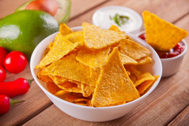 Mexican corn chips nachos with salsa dip