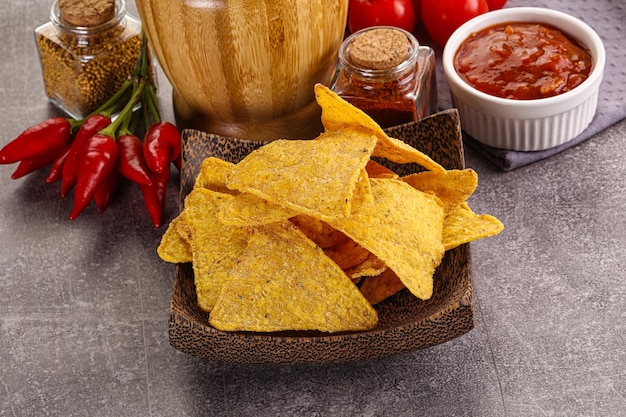 Mexican corn nachos chips with salsa