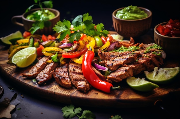 Mexican cuisine food dishes of grilled meat fajitas with tomato salsa and avocado guacamole sauces