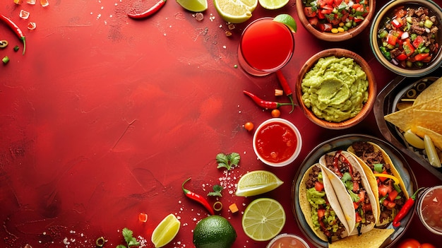 Mexican Cuisine Vibrant Red Background with Copy Space Tacos Salsa Guacamole Dips AI Generated