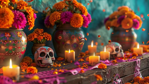 Mexican Day of the Dead background featuring skull candles and floral decorations