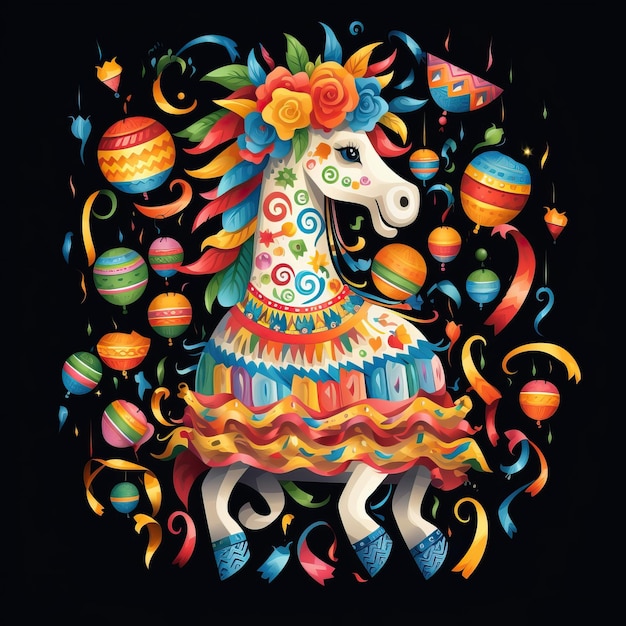 Mexican embroidery design depicting a festive piata adorned with colorful ribbons