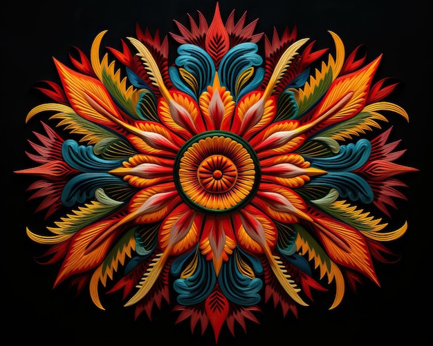 Mexican embroidery motif depicting a radiant sunburst design with rays of vibrant colors