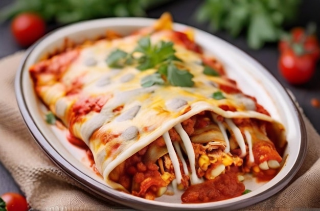 Mexican enchiladas with chicken vegetables corn beans tomato sauce and cheese served in baking