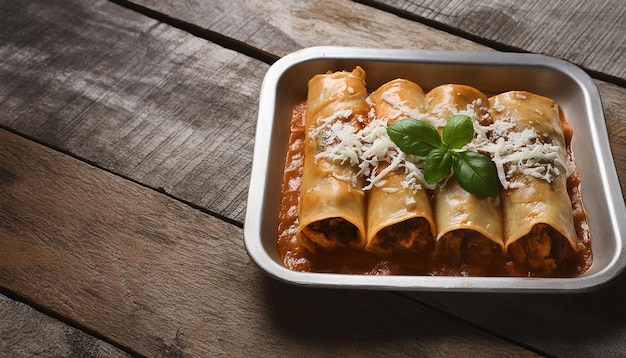 Mexican enchiladas over wooden table Tasty meal Delicious food for dinner Culinary concept